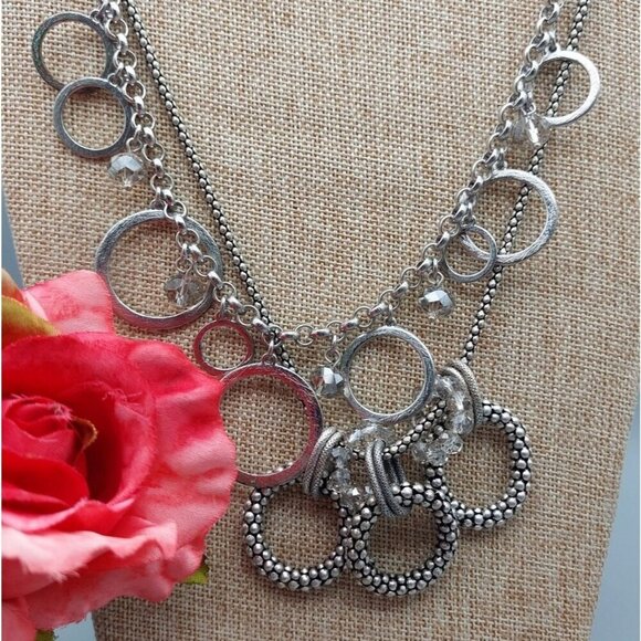 LOFT Antique Silver Tone Multi Strand Collar Bib Necklace Statement Crystal Bead - Picture 3 of 10